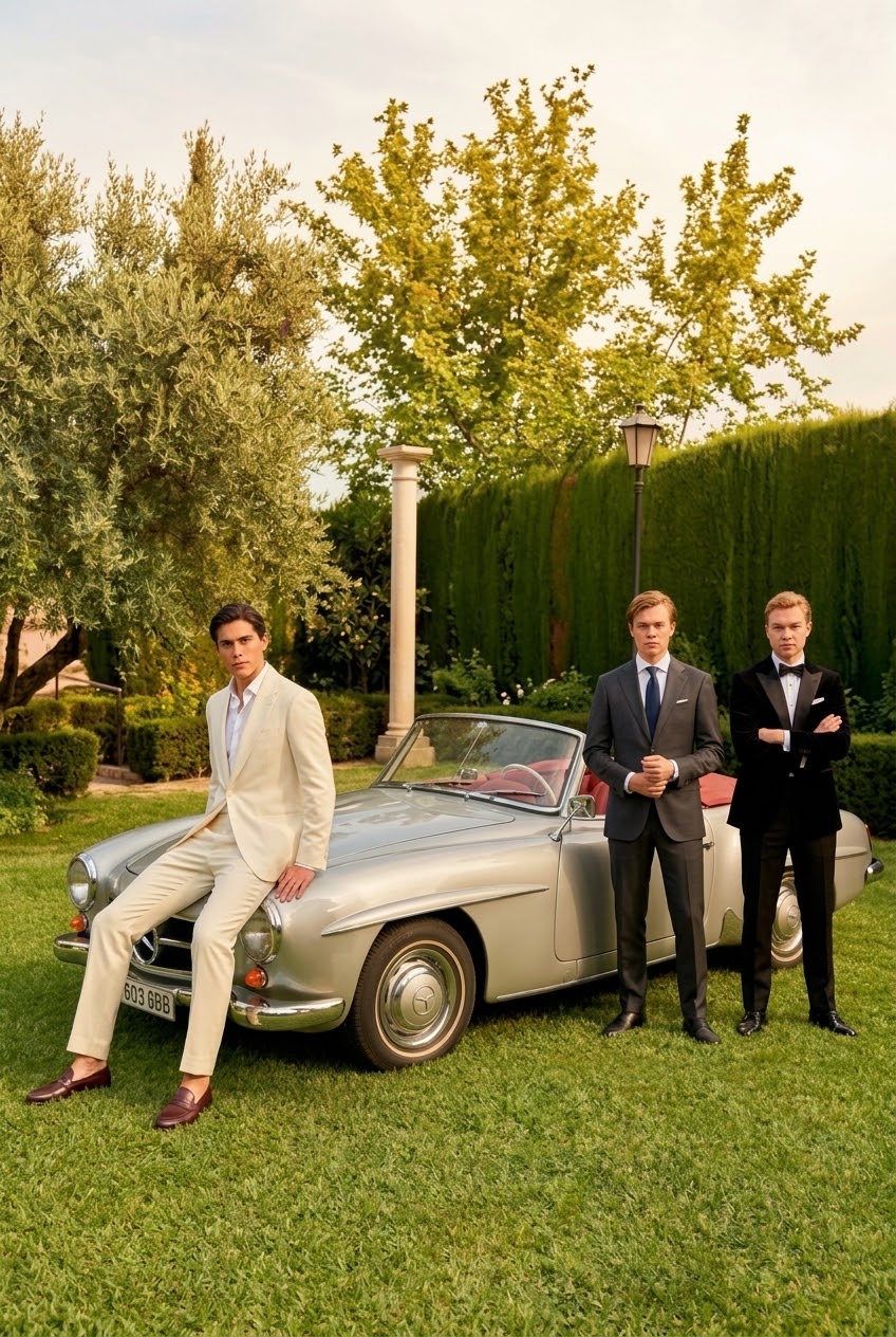 Grupo de caballeros de fiesta junto al Mercedes 190 SL en un jardín